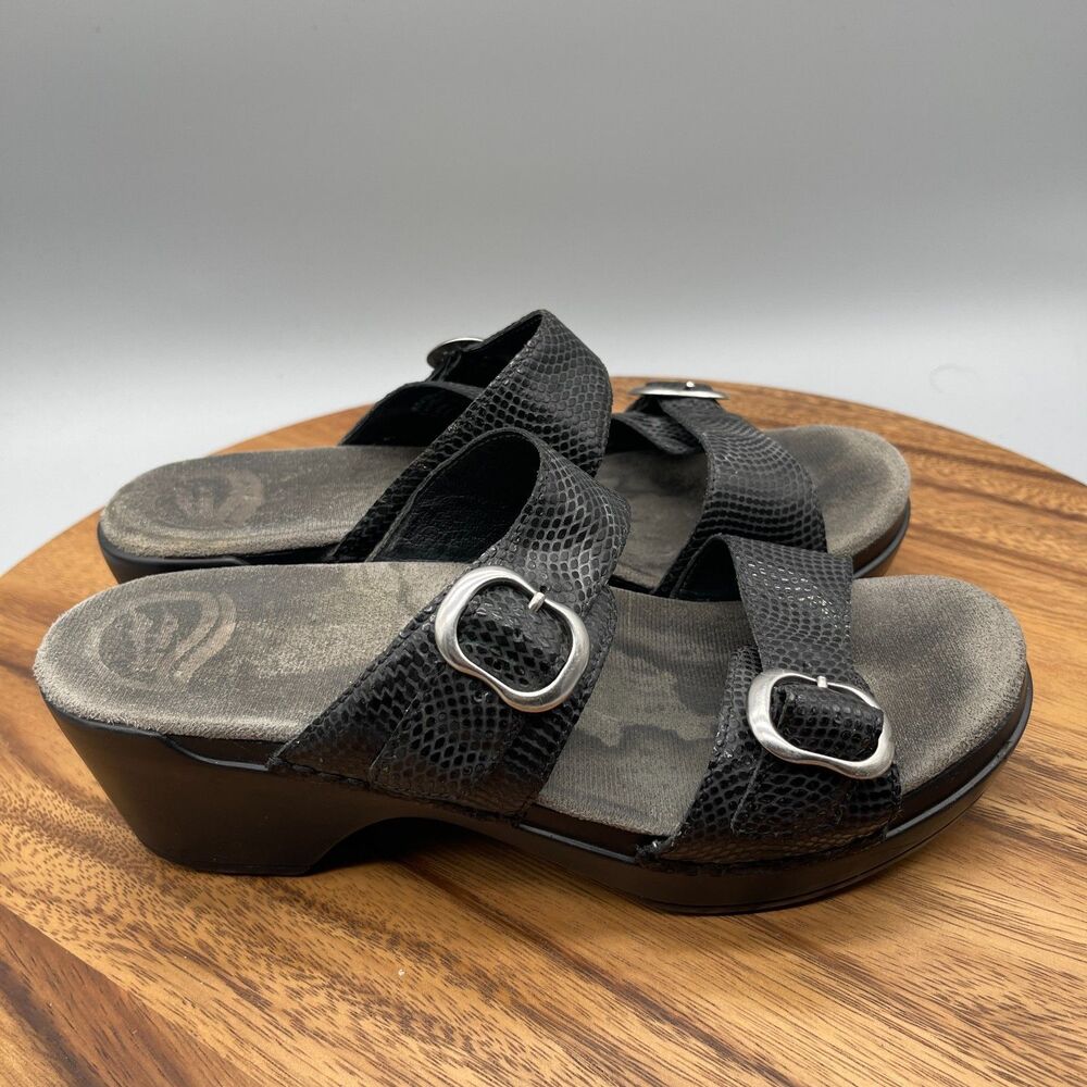 Dansko Sophie Sandals Womens 8.5 / 39 Wedge Strap Black Leather Pebble Polka